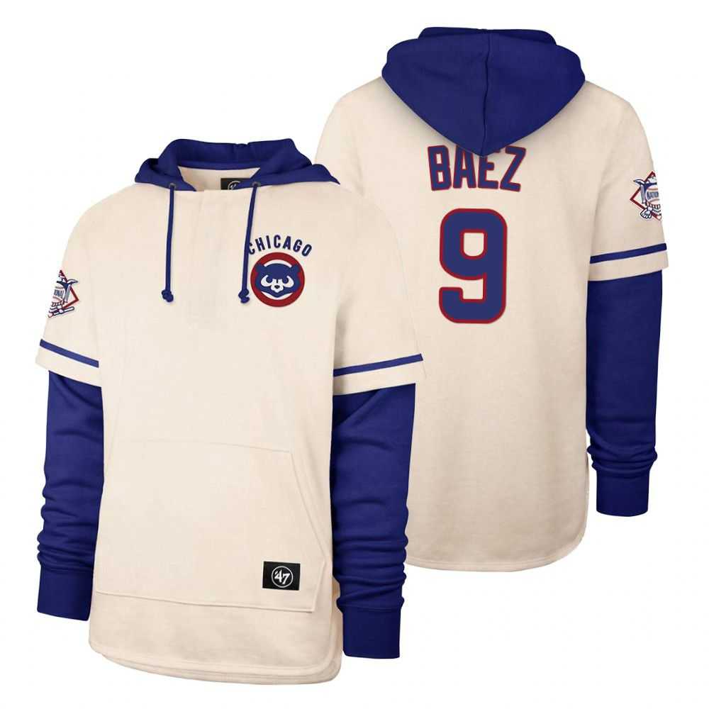 Men Chicago Cubs 9 Baez Cream 2021 Pullover Hoodie MLB Jersey